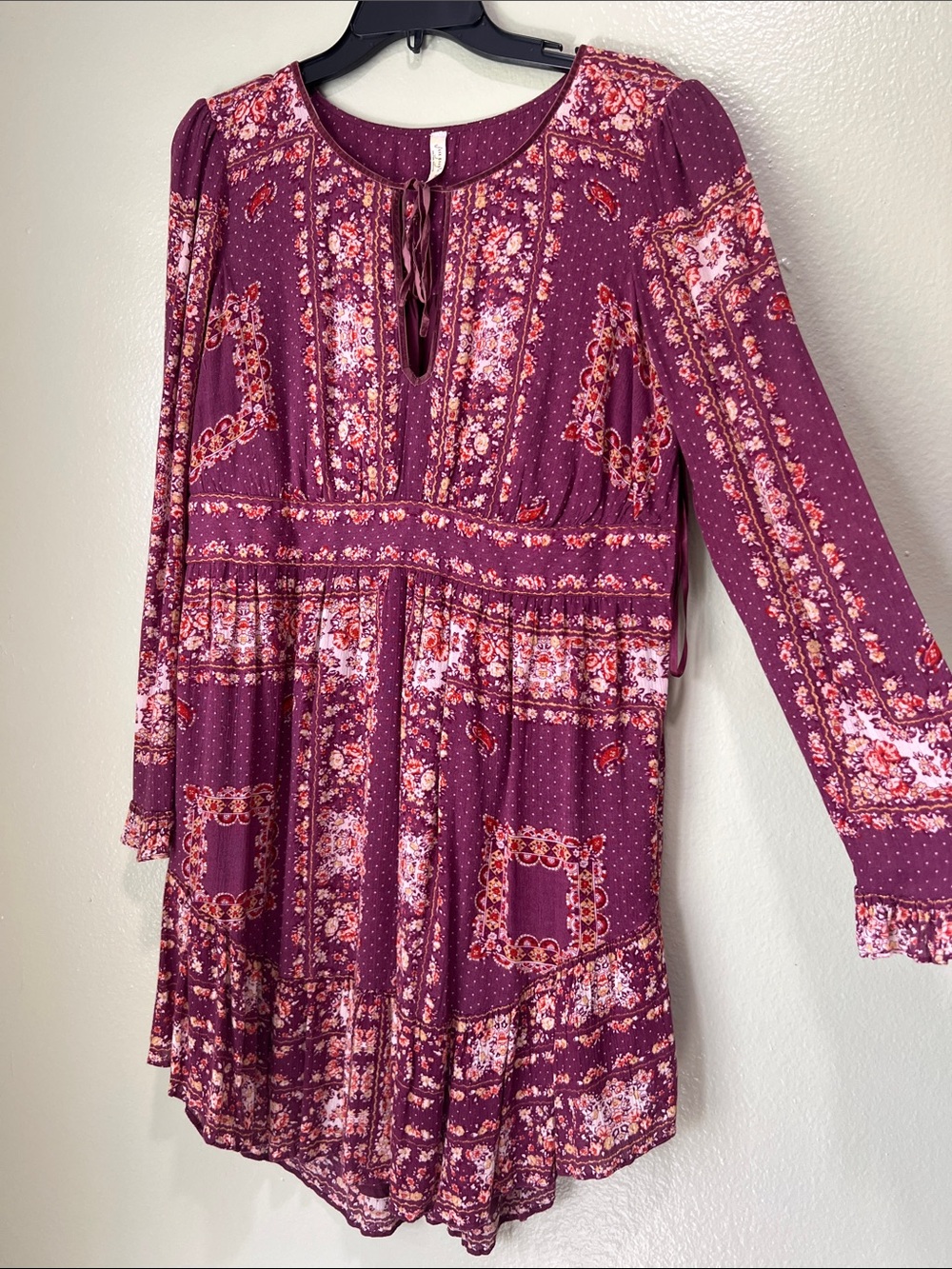 Free People Plum Floral Boho Long Sleeve Mini Dress